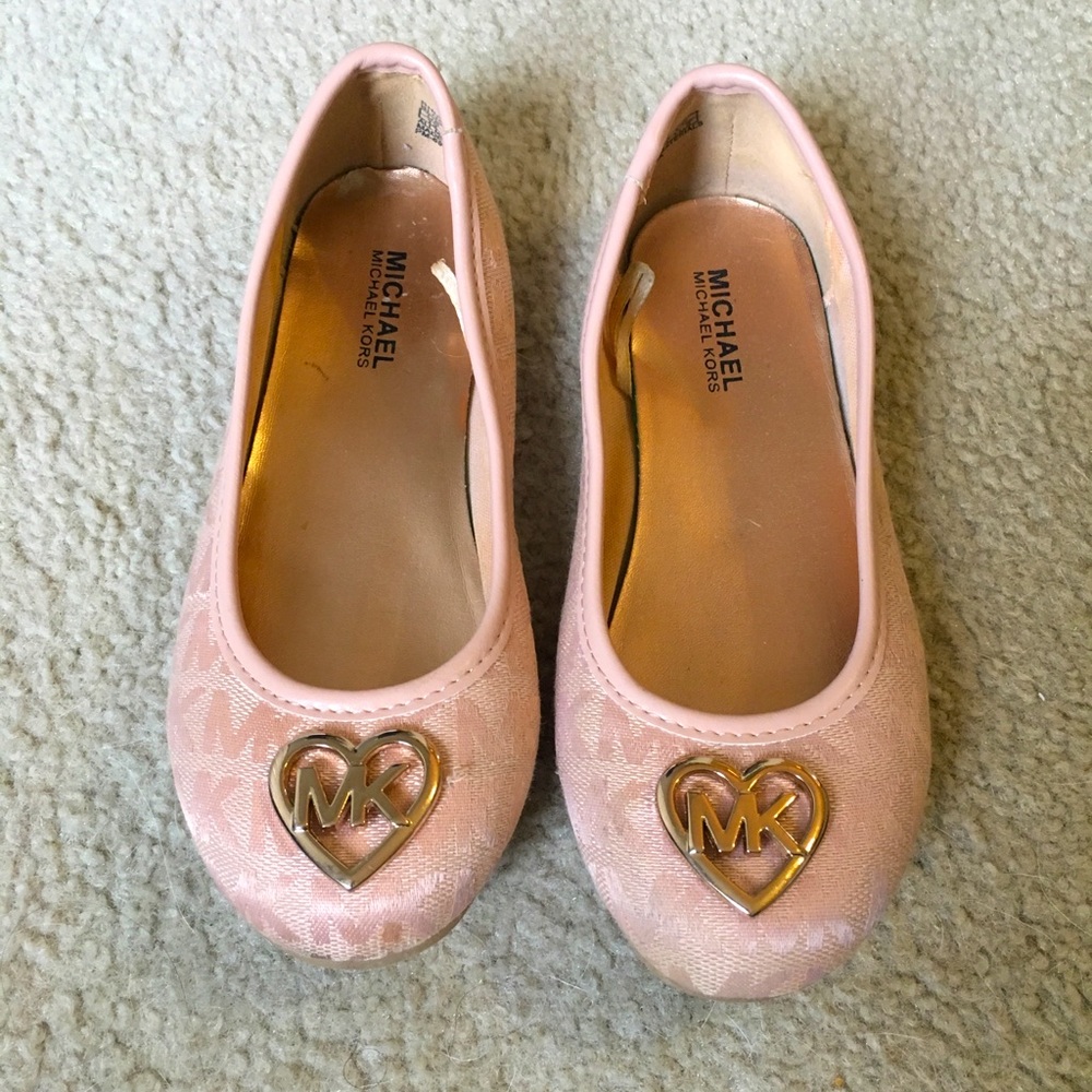 Girls Michael Kors ballet flats. Rose gold with gold MK logo. Size 12.